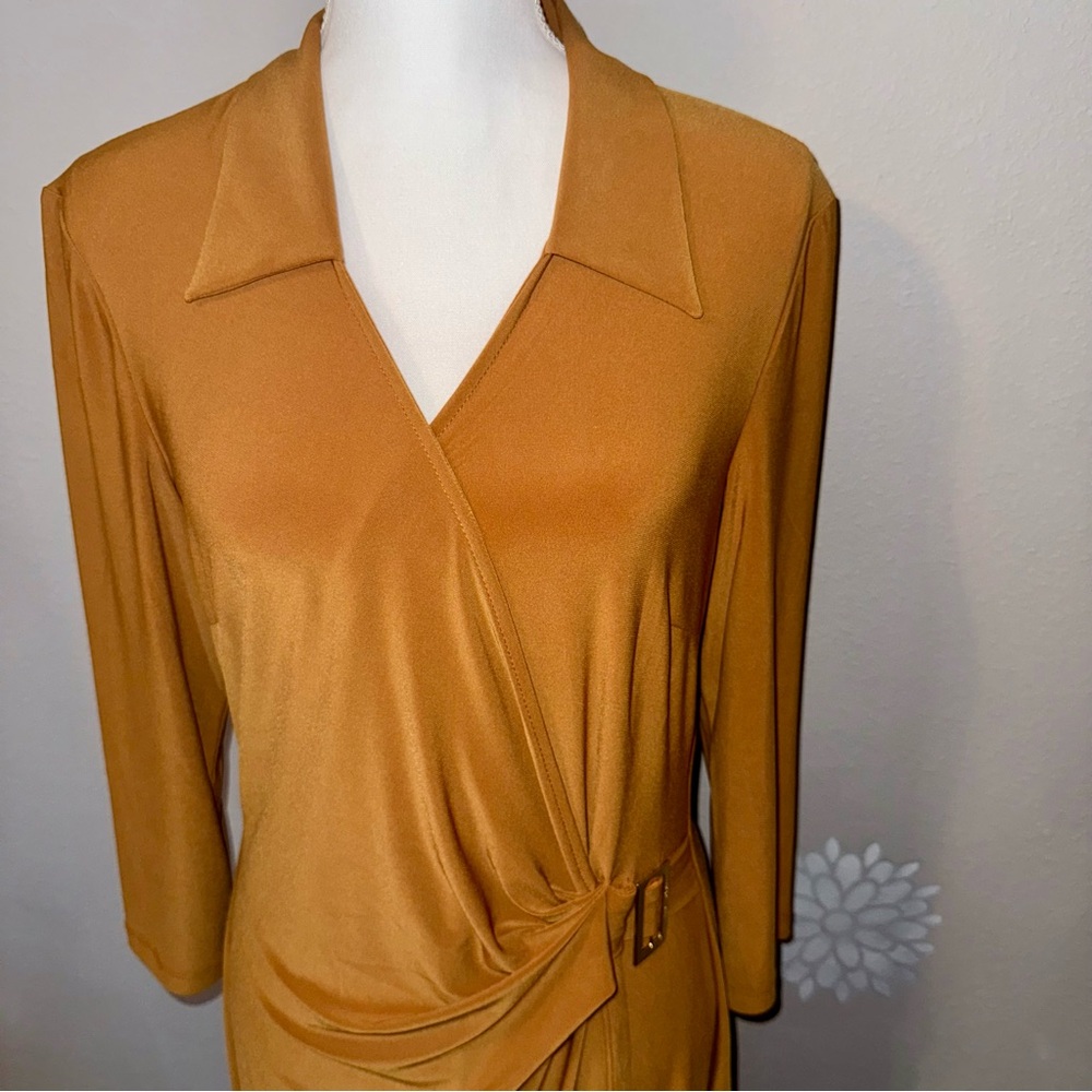 Collared V-Neck Wrap Dress 3/4 Sleeve Mustard Camel Brown Fall/Autumn‎ Ladies - Picture 5 of 16